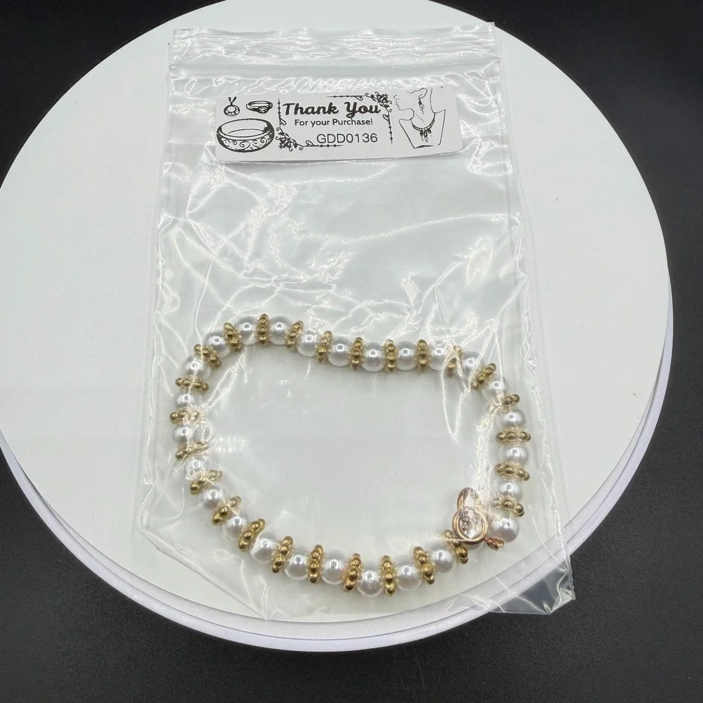 Faux Pearl Bracelet Gold Tone Beaded Floral Spacer Spring Ring Clasp Classic